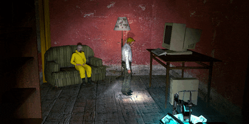 a man in a yellow suit sits on a couch next to a lamp