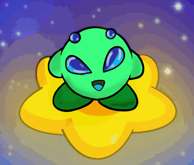 a cartoon drawing of a green alien with blue eyes