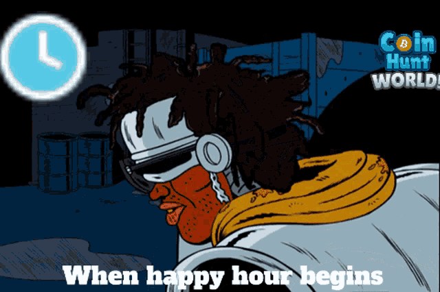 a cartoon of a man with the words when happy hour begins on the bottom
