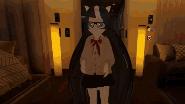 a cartoon character with long black hair and glasses is standing in a living room