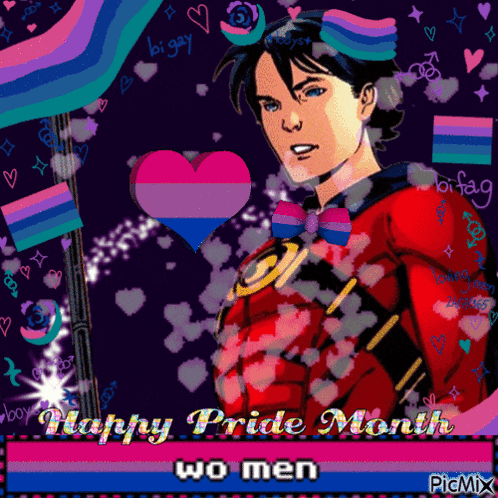 a picture of a man with a bisexual heart and the words happy pride month wo men