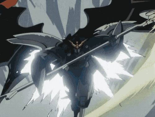 a robot with wings is holding a sword in its hand