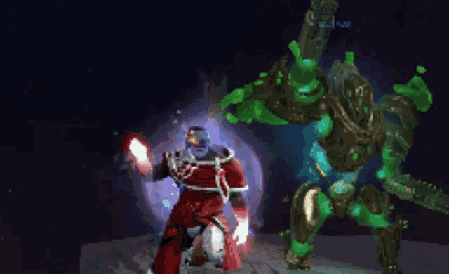 a man in a santa suit is standing next to a robot with the name blitz on it