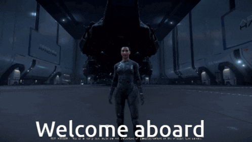 a welcome aboard sign with a woman in front of a space ship