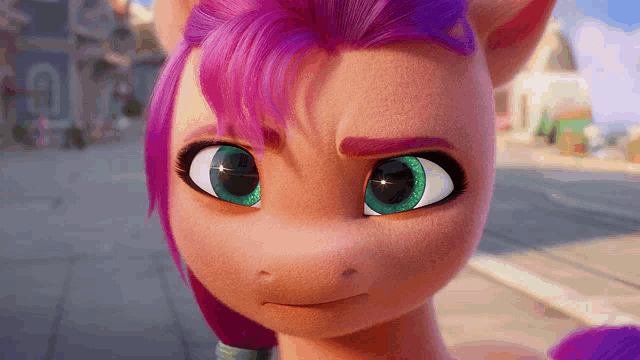 a close up of a pony 's face with purple hair and green eyes