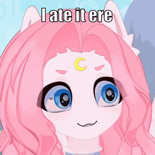 a girl with pink hair and a crescent moon on her forehead says ' i ate it ere '