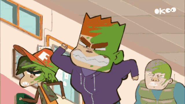 a cartoon of a man with a green face and a red hat with the letter f