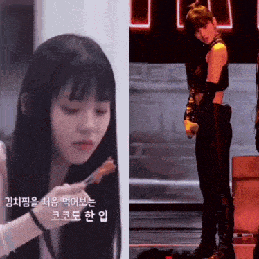 a woman is eating a piece of meat with a fork while standing on a stage with a microphone .