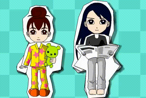 a girl in pajamas is holding a teddy bear and a girl reading a newspaper