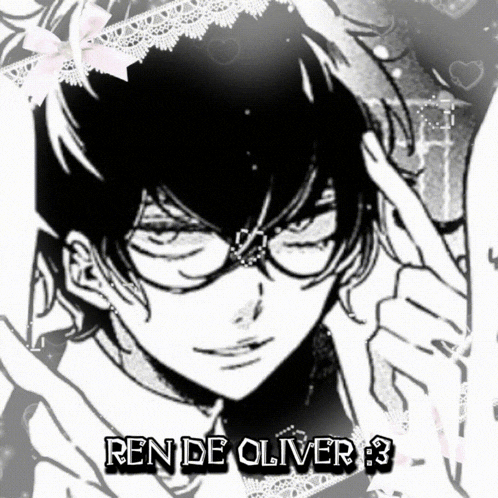 a black and white drawing of ren de oliver with glasses