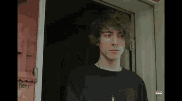 a young man with green hair and a nose ring is standing in a doorway .