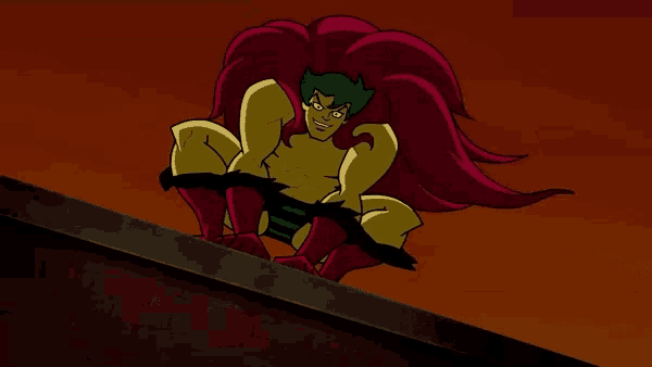a cartoon character with red hair and green eyes is standing on a ledge
