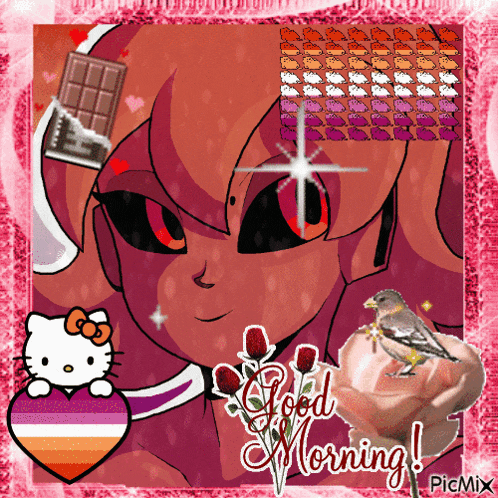 a picture of a girl with a hello kitty heart and a good morning message