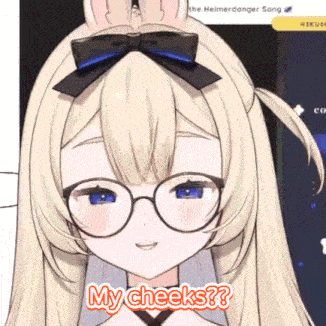 a close up of a girl wearing glasses and a bow on her head with the words `` my cheeks '' .