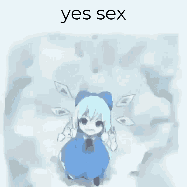 a drawing of a girl in a blue dress with the words " yes sex " below her