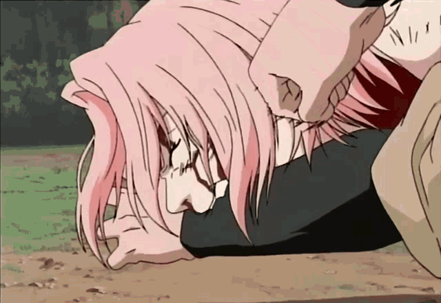 a cartoon of a girl with pink hair laying on the ground