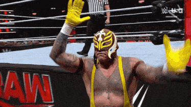 a wrestler wearing a mask and yellow gloves stands in a ring with the word raw behind him