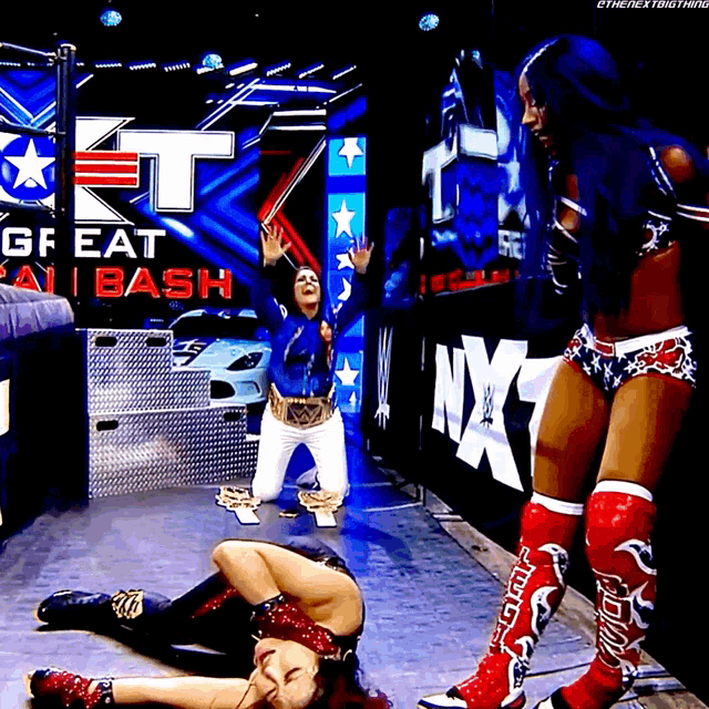 a woman laying on the ground in front of a sign that says gf eat