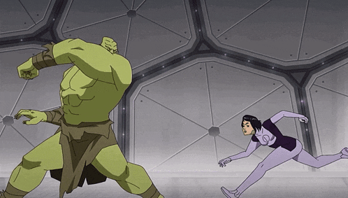 a cartoon of a woman running away from a green hulk