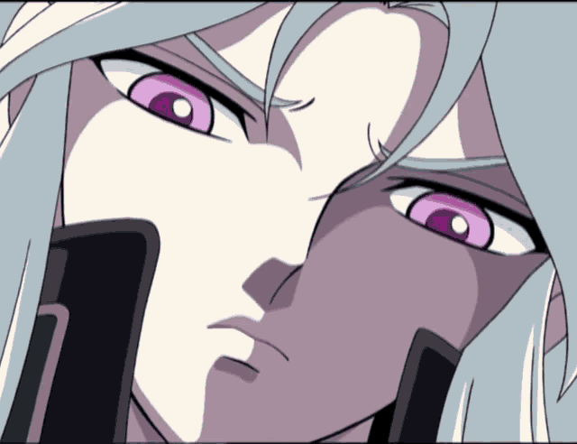 a close up of a person 's face with white hair and purple eyes