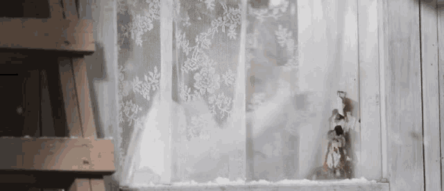 a fox is looking out of a window with a snowy background .
