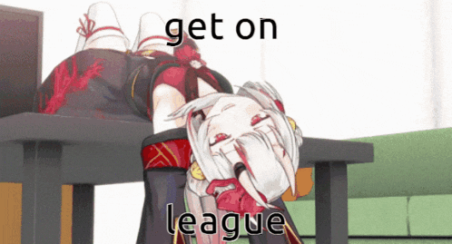 a cartoon of a girl laying on a table with the words get on league written on the bottom