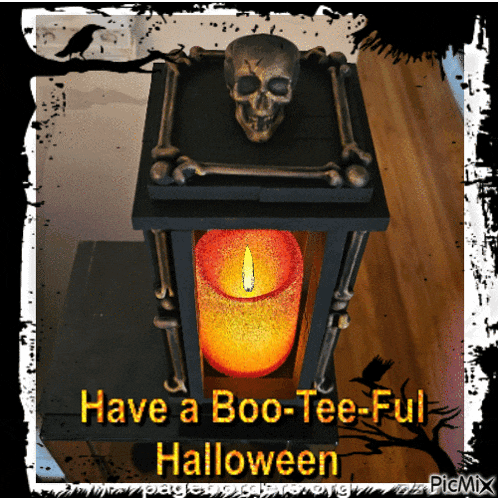 a picture of a lantern with a skull and a candle with the words have a boo-tee-ful halloween