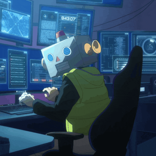 a man with a robot head is sitting in front of a computer with the number 94307 on the screen