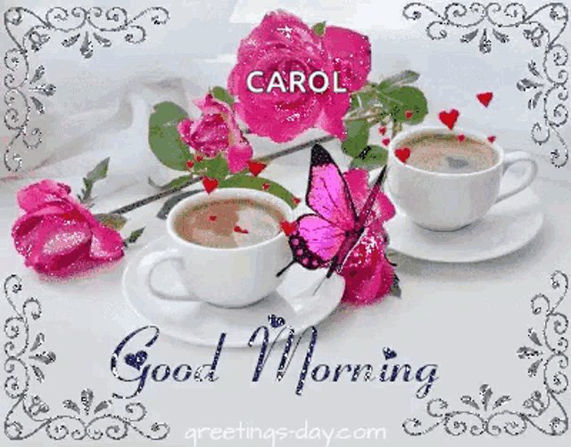 a good morning card with two cups of coffee , roses and a butterfly .