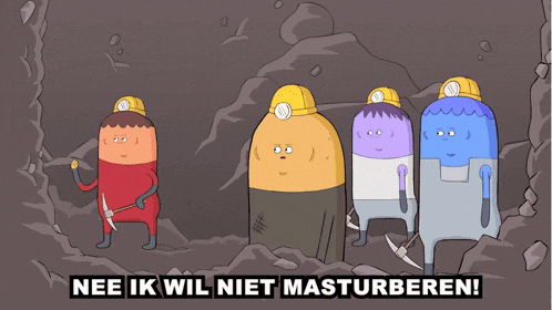 a group of cartoon characters are standing in a cave with the words nee ik wil niet masturberen below them