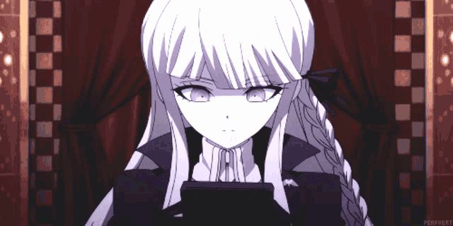 a girl with white hair and purple eyes is sitting in front of a red curtain
