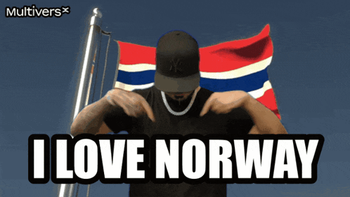 a man standing in front of a flag with the words i love norway