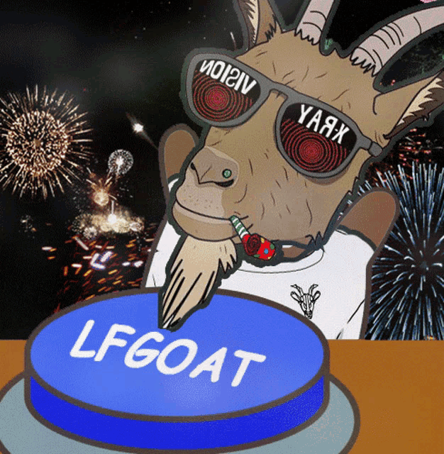 a cartoon of a goat pressing a button that says lfgoat in front of fireworks