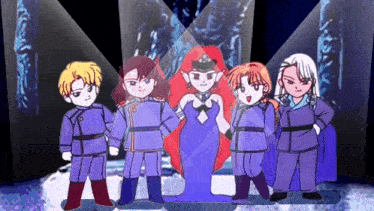 a group of cartoon characters standing next to each other in front of a statue