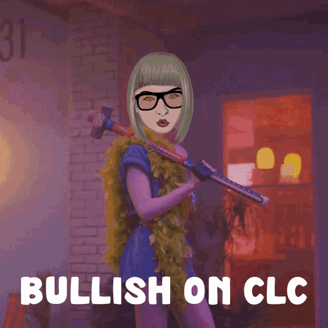 a picture of a woman holding a gun with the words bullish on clc above her