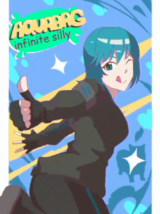 a girl with blue hair is giving a thumbs up with the words aquabac infinite silly