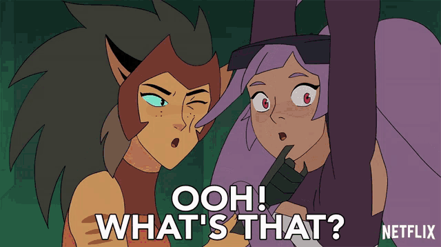 two cartoon characters are looking at each other with the words ooh what 's that written below them