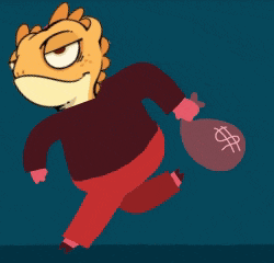 a cartoon lizard is running with a money bag that has a dollar sign on it