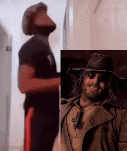 a man in a cowboy hat and sunglasses is smiling