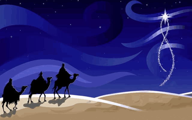 an illustration of three wise men riding camels in the desert