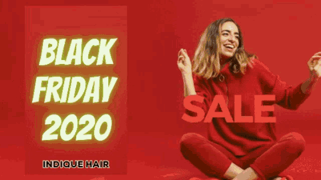 a woman is sitting in front of a red background that says black friday 2020