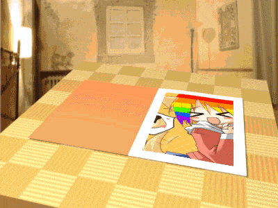 a picture of a girl with a rainbow colored hair is on a table