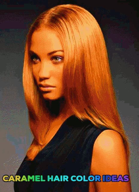 a woman with caramel hair color ideas written on the bottom
