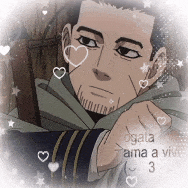 a drawing of a man with hearts around his face and the words ogata ama a vivi