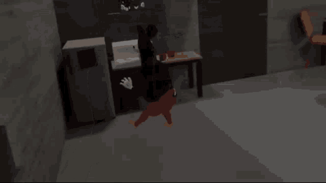 a cartoon character is running in a room with a microwave and a fridge