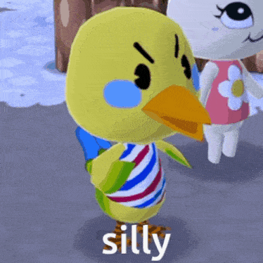 a cartoon duck with the word silly written on it