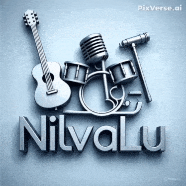 a 3d rendering of a guitar drums and a microphone with the name nilvalu