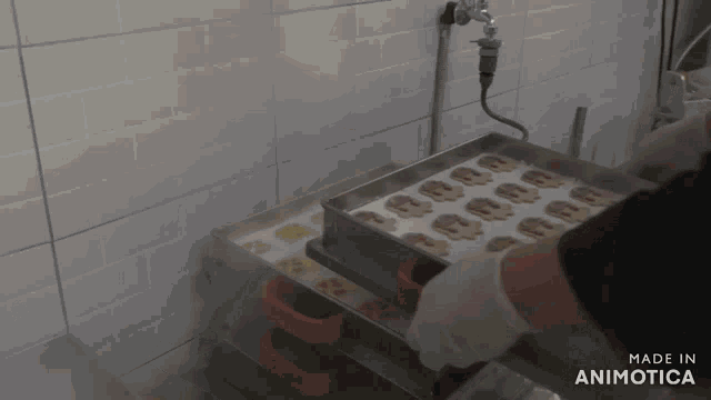 a person is putting cookies on a tray that says made in animotica on the bottom