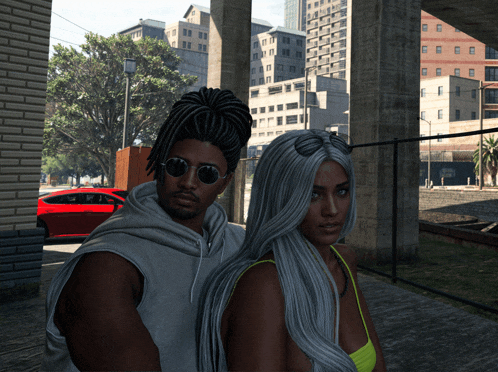 a man and a woman are posing for a picture in a city