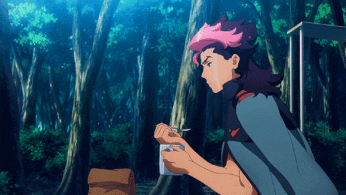 a man with pink hair is standing in the woods holding a bottle